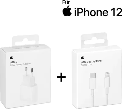 Two white boxes containing Apple charging accessories, with the Apple logo and product details visible. Text indicates compatibility with iPhone 12.