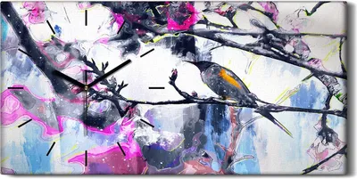 Produktbild von Leinwand Uhr Küche Wohnzimmer Bild 60x30 Malerei Abstrakte Zweige Tier Vogel - schwarze Hände