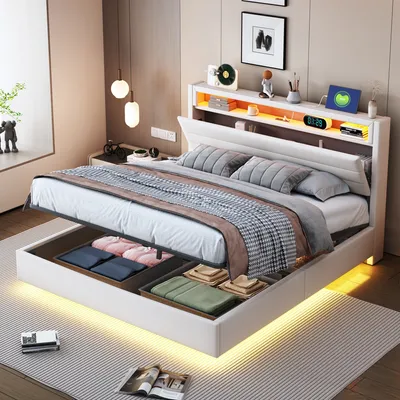 A bedroom scene featuring a modern bed with storage, illuminated by LED lights.