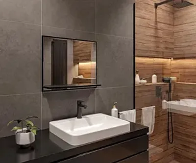 Produktbild von Badspiegel mit Ablage Schwarz - H:50 x B: 60 cm - Bathroom Mirror - Moderner Badezimmer Spiegel Rechteckig - Wandspiegel mit Regal