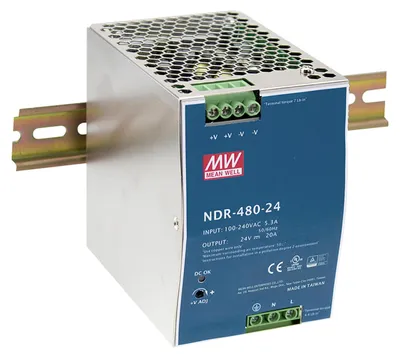 A MEAN WELL NDR-480-24 power supply unit mounted on a DIN rail.