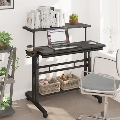 Produktbild von Computertisch Schreibtisch Lerntisch höhenverstellbarer Tisch rollbarer Tisch Schreibtisch schwarz 55*80*119cm【JYSJZ55741】