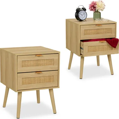 Produktbild von Relaxdays Nachttisch, 2er Pack, 2 Schubladen, Rattan, Holzoptik, HBT: 55x40x41,5 cm, Schlafzimmer, Nachtschrank, natur