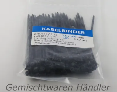 Produktbild von 100 Kabelbinder Industriequalität Schwarz 100mm x 2,5mm Kabel Binder Set
