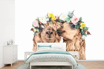 Produktbild von MuchoWow® Fototapete für Wohnzimmer oder Schlafzimmer Wandtapete Vinyl Motivtapete Alpaka - Blumen - Tiere - Natur - 600x400 cm - Vinyltapeten