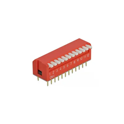Produktbild von DeLOCK DIP-Kippschalter Piano 12-stellig 2,54 mm Rastermaß THT vertikal rot 2 Stück, DIP-Schalter, Rot, Kunststoff, 250 °C, Gerade, 300 V