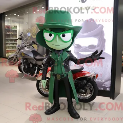 Productafbeelding van Groene REDBROKOLY tovenaar mascottekostuum gekleed met een motorjack en draagtassen