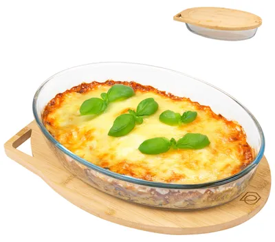 Image de Cocotte ovale en verre Eluno avec couvercle en bambou, 3 litres, plateau de service inclus.