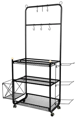Productafbeelding van Opbergoplossing voor yogamatten - Metalen rek op wielen - Voor foamrollers en fitnessaccessoires - Met haken - Vrijstaand organizersysteem - Zwart