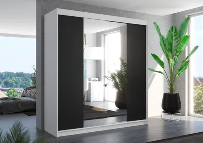 Obrázek produktu pro Šatní skříň se zrcadlem 200 cm GAPLIA - černá / bílá