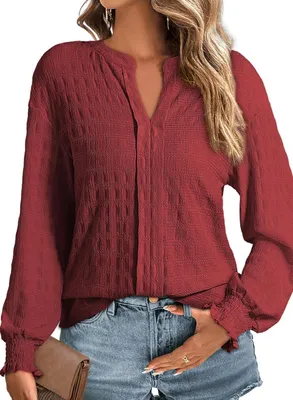 Zdjęcie produktu dla Bluzka damska, koszulka, dekolt V, długi rękaw, elegancki, casual, czerwona, rozmiar L