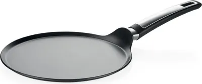 A black and silver crepe pan is shown against a white background.