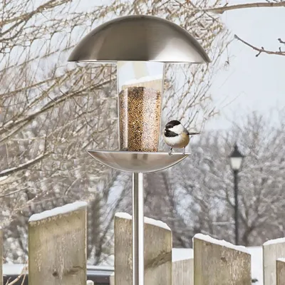 Produktbild von MeLiTec Vogelfutter-Haus VH04, Vogelhäuschen rund, Edelstahl matt gebürstet, wetterfestes Vogelhaus, stehende Futterstation für Wildvögel