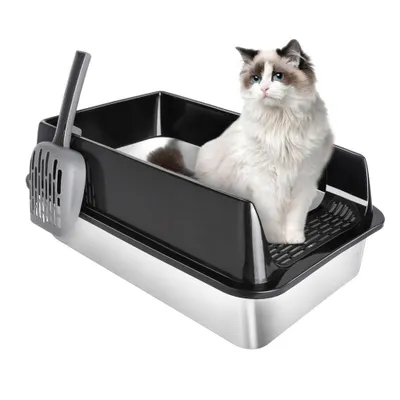 Produktbild von Katzenklo Edelstahl ,XL Offene Katzentoilette Edelstahl Katzenklo Groß mit Schaufel,für Katze Und Häschen, leicht zu reinigen 50x35x24cm Schwarz