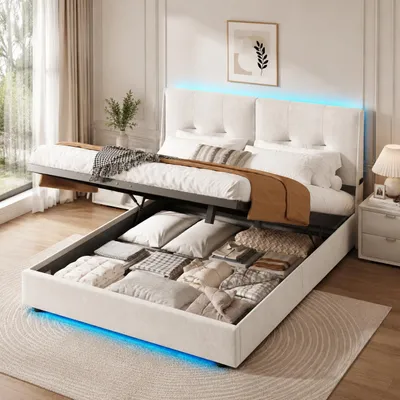 Obrázok produktu pre INONEFT čalúnená posteľ 160x200 cm s LED osvetlením, dvojlôžko s 2 bočnými vreckami, posteľ s pružinovou základňou a hydraulickým úložným priestorom, materiál: zamat, farba: béžová, Obrázok generovaný UI