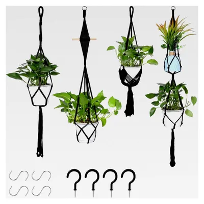 Produktbild von 4 Stück Fransen Makramee Blumenampel Hängend Innen, Boho Blumenampel mit Haken, Handgewebter Blumentopfhalter für Zimmerdeko, Balkon, Fenster und Gartendekoration (Schwarz)