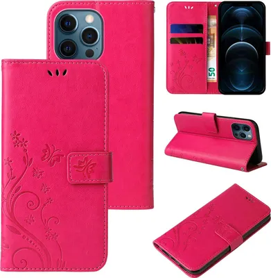Produktbild von Handyhülle für Apple iPhone 12 Pro Floral Blumen Schmetterling Flip Cover Hülle Case Klapphülle Handytasche Farbe: Pink