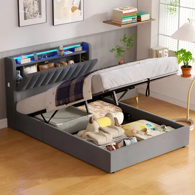 Immagine prodotto di MODFU Letto imbottito 140 × 190 Letto per bambini con luce LED e cassetti, letto boxspring con contenitore, grigio (senza materasso)