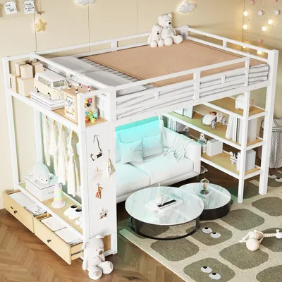 Immagine prodotto di Letto a castello per ragazzi MODFU 140x200 con ripiani e armadio aperto, illuminazione a LED, struttura con pannello forato, senza materasso, bianco
