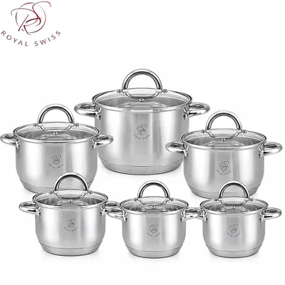 Image de Batterie de cuisine en acier inoxydable 12 pièces – Batterie de casseroles pour induction avec couvercles en verre – Compatible avec l'induction, le gaz, l'électricité et la vitrocéramique – Royal Swiss