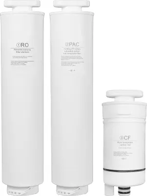 Three white water filter cartridges are arranged vertically against a white background. The two larger cartridges are on the left and center, with the smaller cartridge on the right. Each cartridge has text and symbols printed on it.