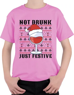 Produktbild von Not Drunk Just Festive Weinliebhaber - Ugly Christmas Sweater Weihnachten Weihnachtsgeschenk Uni Kinder T-Shirt, Pink, 140
