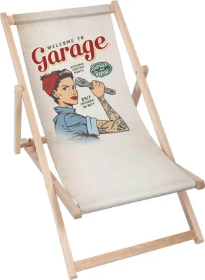 A deck chair with a "Welcome to Garage" graphic featuring a woman mechanic.