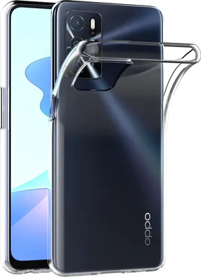 A clear protective case is shown on the back of a dark-colored OPPO A16 / A16s smartphone.