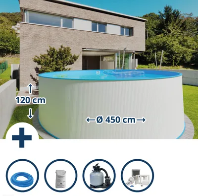 Produktbild von Stahlwandpool Set (6-teilig) hoch rund Malediven 450 x 120 cm, Stahl 0,4 mm weiß Folie 0,4 mm blau