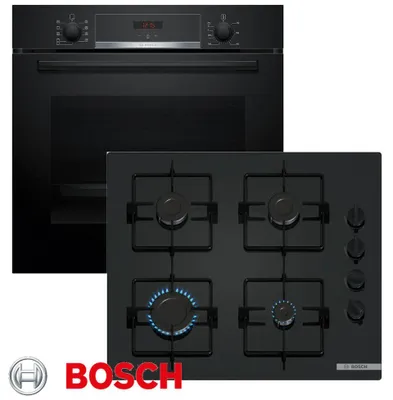 Produktbild von Bosch HBA534 GAS Herd Set Einbau Autark Backofen Schwarz + GAS Glas Kochfeld