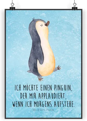 Produktbild von Mr. & Mrs. Panda Bild Pinguin marschieren DIN A3 - Eisblau - Geschenk, Plakat, Applaus, Bruder, wanddruck, drucke, Aufstehen, wanddeko, Unausgeschlafen, Pinguine, Familie