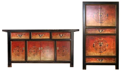 Produktbild von Chinesische Möbel Kombination Fire Shabby Chic Vintage Sideboard Kommode Lowboard Schrank Hochzeitsschrank Hochschrank rot-orange-schwarz asiatisch orientalisch chinesisch fernöstlich