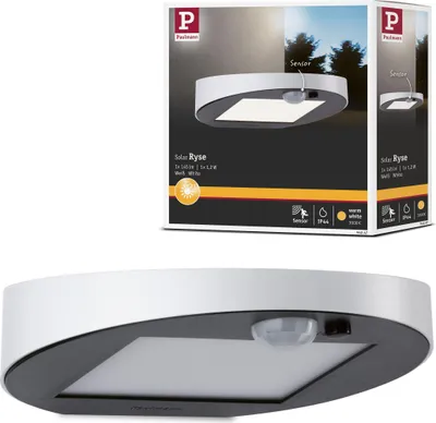 A product box for a Paulmann Solar LED outdoor wall light, with a close-up view of the light itself below.