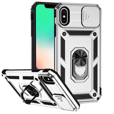 Immagine prodotto di Custodia per iPhone XS / iPhone X a doppio strato con cover fotocamera scorrevole e supporto ad anello Argento
