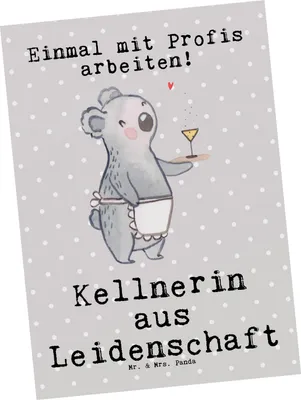 Produktbild von Mr. & Mrs. Panda Postkarte Kellnerin Leidenschaft - Grau Pastell - Geschenk, Fotokarte, Restaurant, Grußkarte, Ansichtskarte, Ausbildung, bildkarte, Postkarten, Spruch