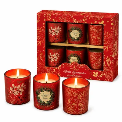 Produktbild von Set mit 6 Luxus-Duftkerzen im roten Glas – Weihnachts-Duftkerzen Geschenkset – Stimmungsvolle Kerzen für Weihnachtsdekoration