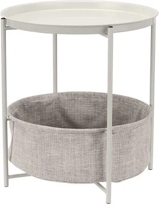 Produktbild von Famanu Beistelltisch rund mit Stauraum in Weiß und hellgrauem Stoff - modernes Design - 45 x 45 x 48 cm