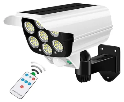 Weiße Solar-Sicherheitsleuchte mit sechs LED-Lampen und einem schwarzen Solarpanel oben, gezeigt mit ihrer weißen Fernbedienung
