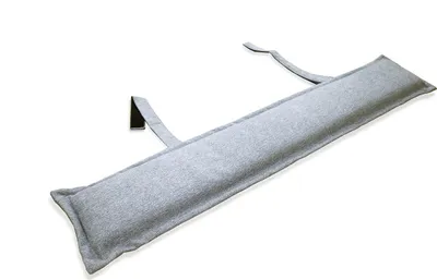 A long, gray, cushioned product with two fabric straps attached, lying on a white background.