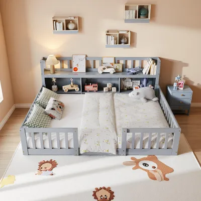 Zdjęcie produktu dla Łóżko dziecięce INONEFT, rozmiar 140x200 cm, w stylu Montessori, z barierami ochronnymi, zagłówkiem z półką na książki, wykonane z litego drewna sosnowego, bez materaca, kolor: szary