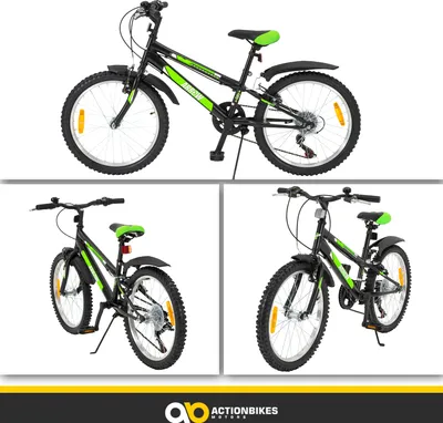 Produktbild von Actionbikes Kinderfahrrad Arrow 20 Zoll | Kinder Fahrrad - V-Brake Bremsen - Kettenschutz - Fahrradständer - Handschaltung - 6-9 Jahre (Schwarz/Grün)