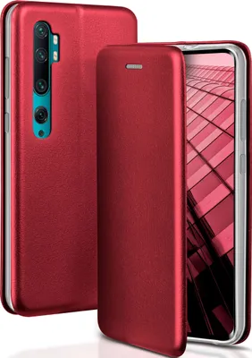 A red business-style phone case for a Xiaomi Mi Note 10 is shown from the side and front.