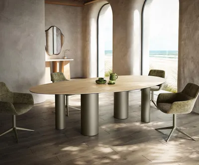 Produktbild von DELIFE Esstisch Edge Oval 280x130 Keramik Laminam® Sabbia Eichefarbig Pilier Metall Effektfinish Titan