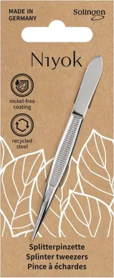 A product package for splinter tweezers, showing the tweezers and packaging details.