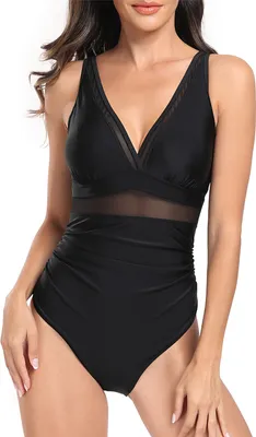 Image de ASKSA Maillot de bain femme Push Up Décolleté V y Maillot de bain une pièce Swimsuit, Noir, taille : XXL
