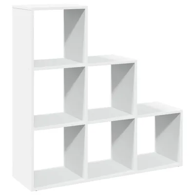 A white, three-tiered, cube-shaped bookshelf arranged in a staircase pattern, shown against a white background.