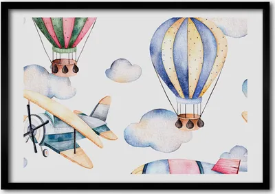 Produktbild von Bild - Bilder - Bilderrahmen - 70 cm x 50 cm - MDF-Rahmen, Wandkunst Flugzeuge und Ballons