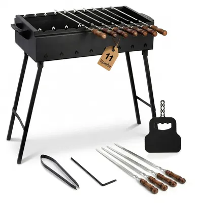 Produktbild von Klappbarer Schaschlikgrill aus 2 mm Stahl, 70 cm lang, Holzkohlegrill mit 11 Edelstahlspießen mit Holzgriff & Grillfächer – BBQ Mangal für Grillspieße oder Grillrost, ideal für Picknick, Garten & Camping