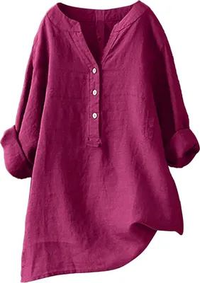Image de ASKSA Femme Coton Lin Chemisier Unicolore Manches Longues Chemise Libre Boutons Enrouleurs Tops, Vin Rouge, Taille : 3XL