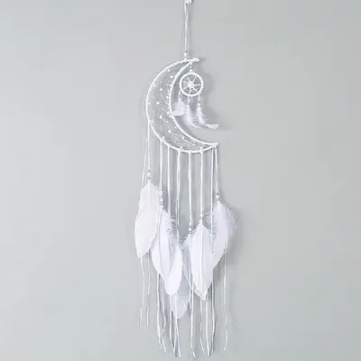 Dreamcatcher Wanddeko Mond aus Baumwolle mit Federn, 20 cm, weiß
